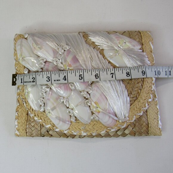 Vintage Raffia Straw And Shell Boho Clutch Handbag Summer Beach Envelope Bag - Picture 6 of 7